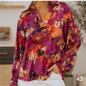 Purple Graffiti Printed V Neck Puff Long Sleeve Blouse